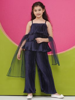 AJ Dezines - Girls Dark Blue Indo Western Pleated Co-Ord (Set of 3)