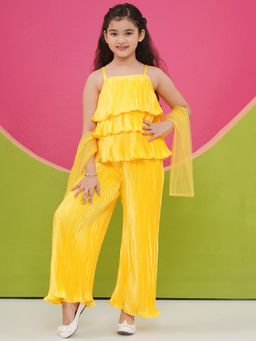 AJ Dezines - Girls Yellow Indo Western Pleated Co-Ord (Set of 3)