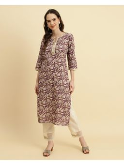 Varanga - Women Purple Floral Printed Placket Embellished Straight Kurta