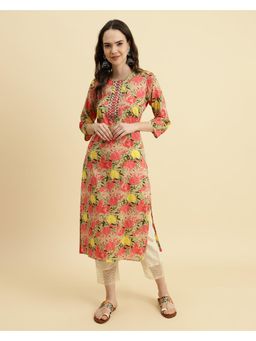 Varanga - Women Beige Floral Printed Mirror and Thread Embroidered Straight Kurta