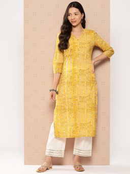 Varanga - Women Yellow Stripes Printed V-Neck Straight Kurta