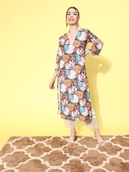 Varanga - Women Grey Floral Printed V-Neck Straight Kurta