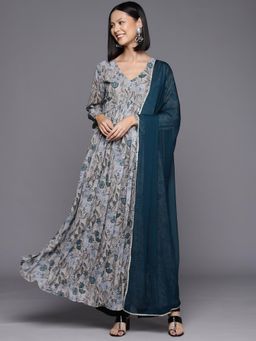 Varanga - Women Grey Floral Printed Anarkali Kurta Paired with Green Solid Dupatta (Set of 2)