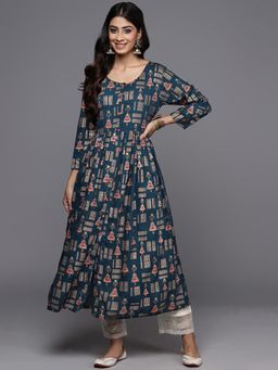 Varanga - Women Navy Blue Gold Printed Round Neck Kurta