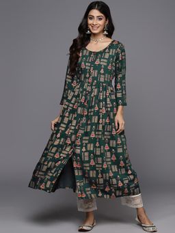 Varanga - Women Green Gold Printed Kurta With Round Neck