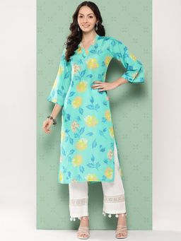 Varanga - Women Turqouise Blue Floral Printed Straight Kurta