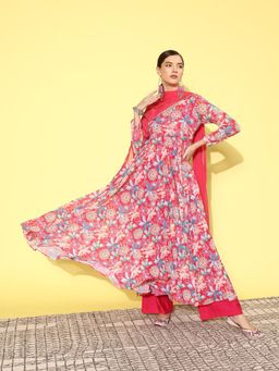 Varanga - Pink Floral Printed Angrakha Style Anarkali Kurta with Dupatta (Set of 2)