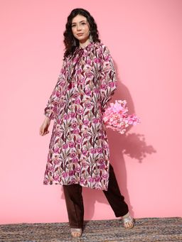 Varanga - Pink Floral Printed Mandarin Collar with Gathered Detail Straight Kurta