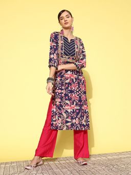 Varanga - Blue Floral Printed Gota Embellished Yoke Round Straight Kurta