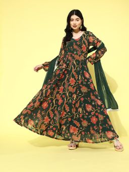 Varanga - Women Green Floral Printed V-Neck Anarkali Kurta with Tonal Dupatta (Set of 2)