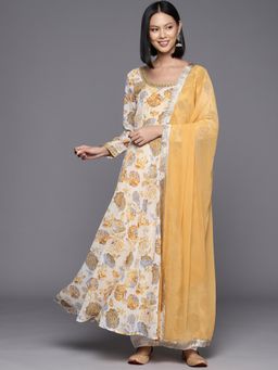 Varanga - Women Yellow Floral Printed Anarkali Kurta Paired with Solid Dupatta (Set of 2)