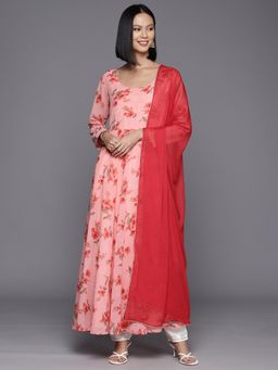 Varanga - Women Pink Floral Printed Anarkali Kurta Paired with Solid Dupatta (Set of 2)