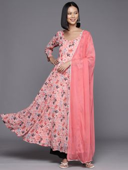 Varanga - Women Peach Floral Printed Anarkali Kurta Paired with Tonal Chiffon Dupatta (Set of 2)