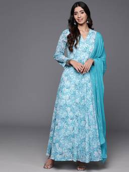 Varanga - Women Blue Floral Printed Anarkali Kurta with Dupatta (Set of 2)