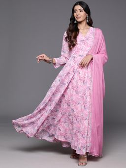 Varanga - Women Pink Floral Printed Angarakha Style Anarkali Kurta with Dupatta (Set of 2)