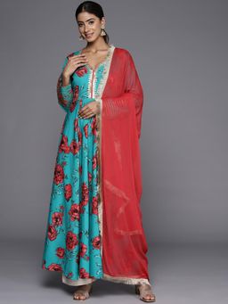 Varanga - Women Turquoise Blue Floral Printed Anarkali Kurta Paired with Dupatta (Set of 2)