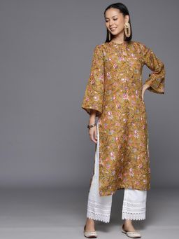 Varanga - Women Mustard Floral Printed Flared Sleeves Straight Kurta