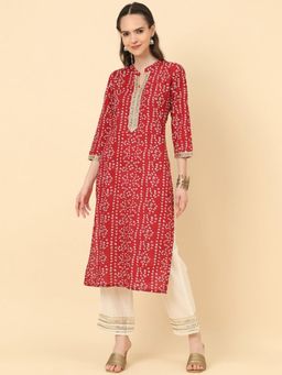 Varanga - Women Red Bandhani Print Straight Kurta