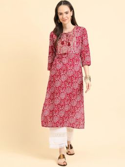 Varanga - Women Burgundy Bandhani Printed Straight Kurta