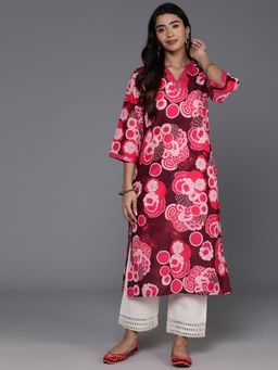 Varanga - Women Maroon Floral Printed Sequine Embroidered V-Neck Straight Kurta