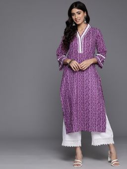 Varanga - Women Purple V Neck Bandhani Printed Lace Work Straight Kurta