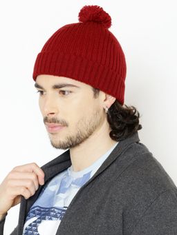 Bharatasya - Maroon Knitted Pom-Pom Beanie Cap