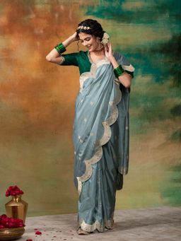 WeaverStory - Grey Handloom Katan Silk Banarasi Saree With Unstitched Blouse