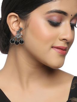 VIRAASI - Black Stone Studded Oxidised Bird Design Stud Earrings