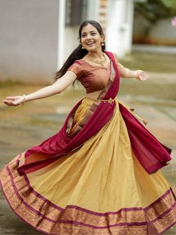 JATRIQQ - Cream South-style Kanchipuram silk lehenga with Unstitched Blouse and Dupatta