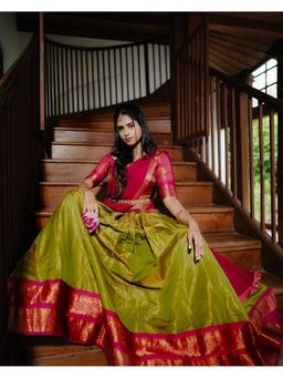 JATRIQQ - Green South-style Kanchipuram silk lehenga with Unstitched Blouse and Dupatta