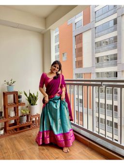 JATRIQQ - Blue South-style Kanchipuram silk lehenga with Unstitched Blouse and Dupatta