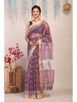 ANUTTARA - Bhagalpuri Handloom Kota Doria Light Wine Hand Block Saree with Unstitched Blouse