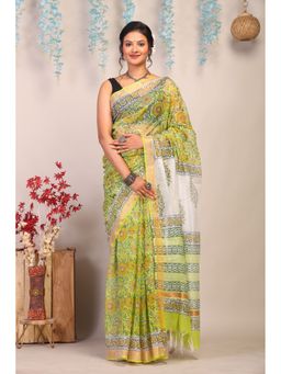 ANUTTARA - Bhagalpuri Handloom Kota Doria Parrot Green Hand Block Saree with Unstitched Blouse