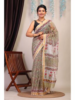 ANUTTARA - Bhagalpuri Handloom Kota Doria Olive Green Hand Block Saree with Unstitched Blouse
