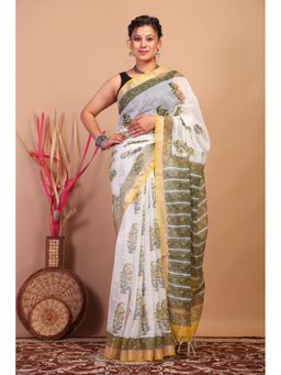 ANUTTARA - Women Bhagalpuri Handloom Kota Doria White Hand Block Saree with Unstitched Blouse