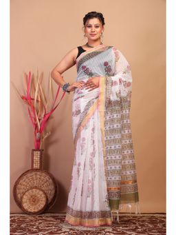 ANUTTARA - Women Bhagalpuri Handloom Kota Doria White Hand Block Saree with Unstitched Blouse