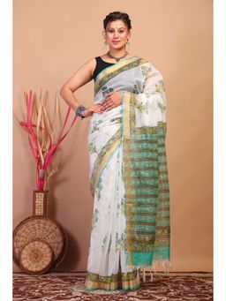 ANUTTARA - Women Bhagalpuri Handloom Kota Doria White Hand Block Saree with Unstitched Blouse