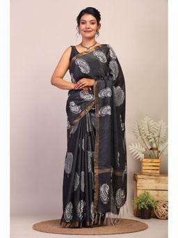 ANUTTARA - Black Bhagalpuri Handloom Cotton Silk Hand Block Saree with Unstitched Blouse