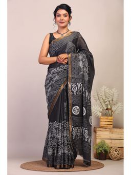 ANUTTARA - Bhagalpuri Handloom Cotton Silk Hand Block Black Saree with Unstitched Blouse