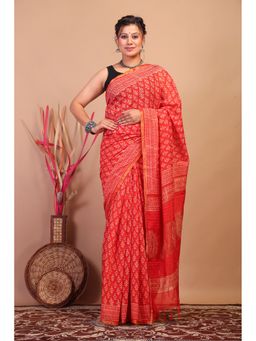 ANUTTARA - Red Bhagalpuri Handloom Cotton Silk Hand Block Print Saree with Unstitched Blouse