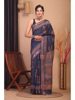 ANUTTARA - Bhagalpuri Handloom Cotton Silk Navy Blue Hand Block Saree with Unstitched Blouse