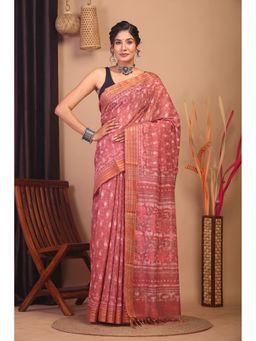 ANUTTARA - Women Bhagalpuri Handloom Cotton Silk Peach Saree with Unstitched Blouse