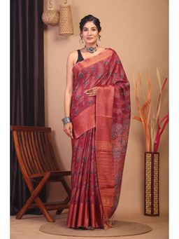 ANUTTARA - Women Bhagalpuri Handloom Cotton Silk Maroon Hand Block Saree with Unstitched Blouse