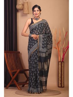 ANUTTARA - Handloom Cotton Silk Black Hand Block Saree with Unstitched Blouse