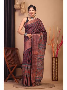 ANUTTARA - Bhagalpuri Handloom Cotton Silk Dark Purple Hand Block Saree with Unstitched Blouse