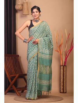 ANUTTARA - Women Bhagalpuri Handloom Cotton Silk Green Saree with Unstitched Blouse