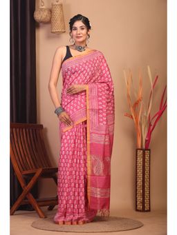 ANUTTARA - Bhagalpuri Handloom Cotton Silk Rouge Pink Hand Block Saree with Unstitched Blouse