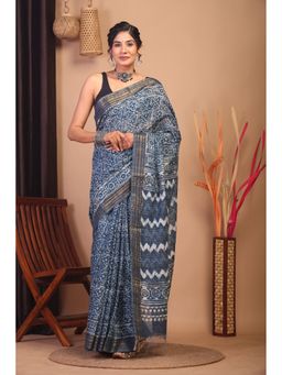 ANUTTARA - Bhagalpuri Handloom Cotton Silk Stone Blue Hand Block Saree with Unstitched Blouse