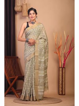 ANUTTARA - Bhagalpuri Handloom Cotton Silk Olive Hand Block Saree with Unstitched Blouse