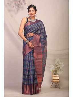 ANUTTARA - Bhagalpuri Handloom Cotton Silk Navy Blue Hand Block Saree with Unstitched Blouse